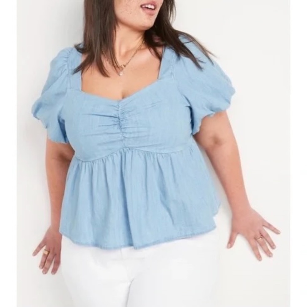 NWT Old Navy Blue Chambray Puff Sleeve Waist Defined Top XXL